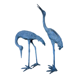 1920s Monumental Pair of Life-Size Bronze Crane Garden Sculptures With Verdigris...