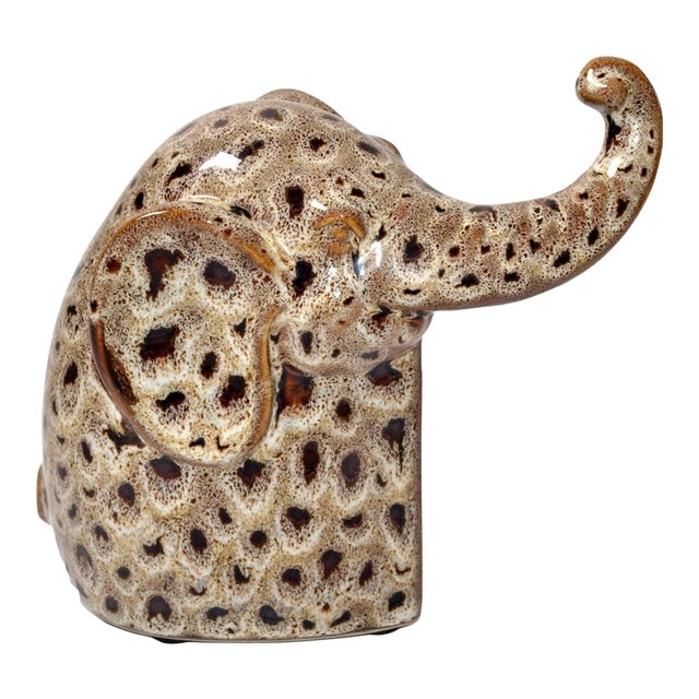 Mid-Century Modern Artistic Brown Beige Textured Ceramic Elephant Sculpture Firgurine For Sale