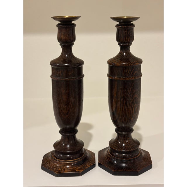 Contemporary Antique English Oak Turned Candlesticks With Brass Candle Cups - A Pair For Sale - Image 3 of 13