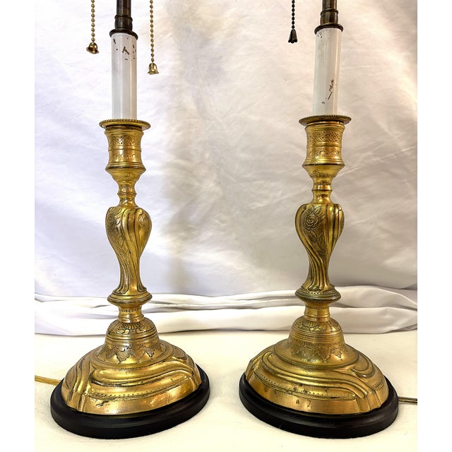 Antique French Art Nouveau Embossed Brass Candlestick Lamps- A Pair For Sale - Image 4 of 18