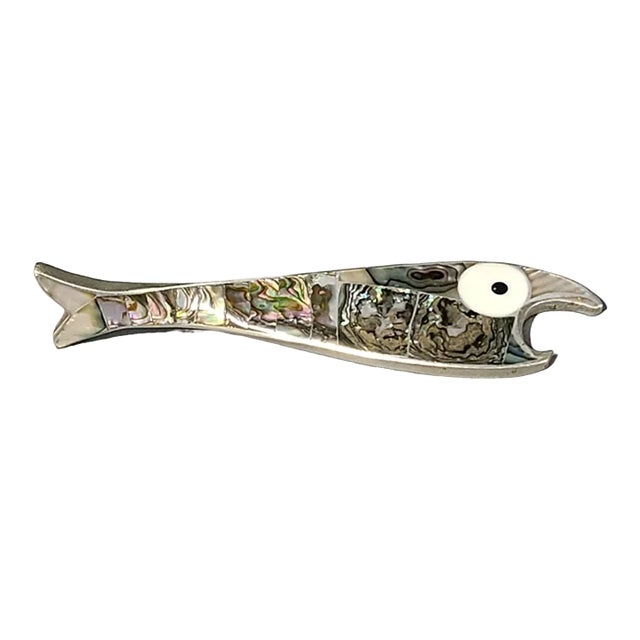 Late 20th Century Vintage Mid-Century Modern Abalone Fish Bottle Opener Mexican Alpaca For Sale