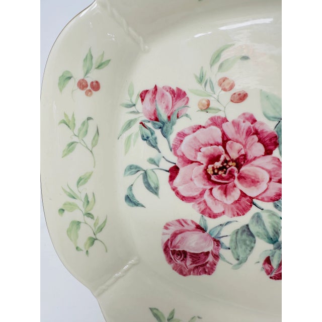 Ceramic Lenox Morningside Cottage Round Platter | Ivory Bone China Chop Plate With Gold Trim | Pink Floral, Butterfly & Dragonfly Design For Sale - Image 7 of 9