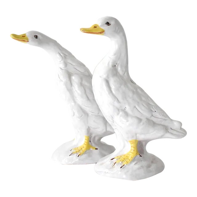 Pair of French Poterie De Bavent Tin-Glazed Faience Pottery Geese Figurines For Sale