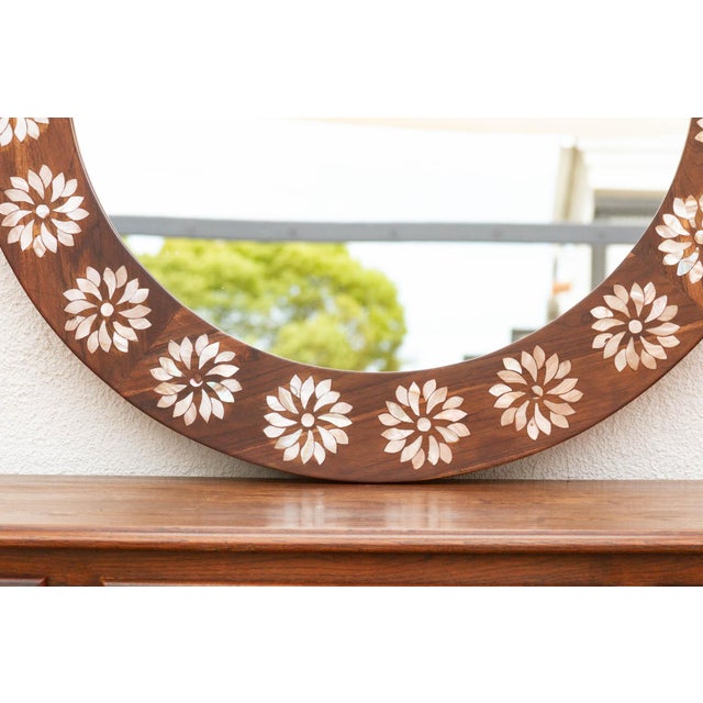 1990s Precious Floral Mother of Pearl Inlay Round Mirror For Sale - Image 5 of 9
