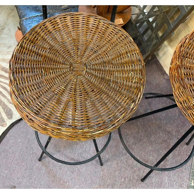 Mid 20th Century Mid Century Danny Ho Fung Style Wrought Iron Rattan Barstools, Counter Stools For Sale - Image 5 of 9