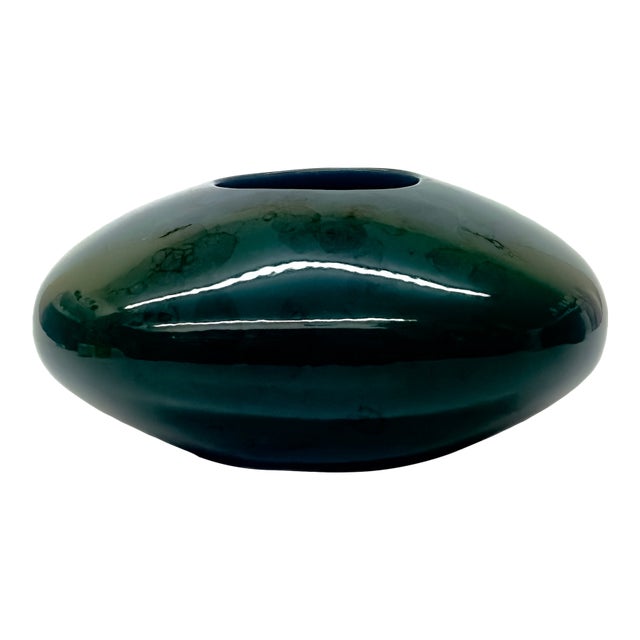 Low Rounded Oblong Forest Green and Black Ceramic Vase Circa 1980s. For Sale