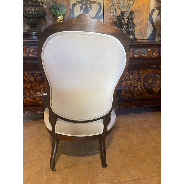 Alabaster Victorian Revival Carved Wood & Tufted Upholstered Parlor Chairs – Pair For Sale - Image 8 of 12