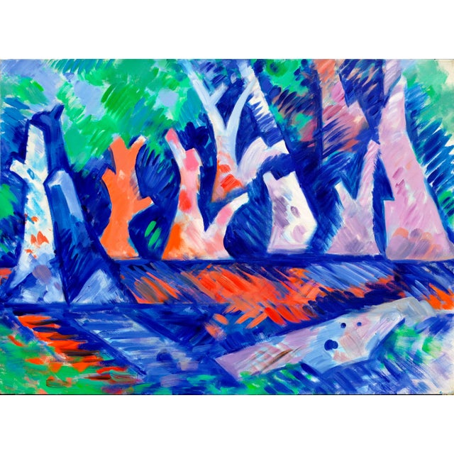 1980s "Trees Over Water" Abstract Landscape Acrylic Painting For Sale