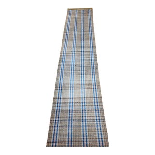 Vintage American Rag Runner, Handwoven Wool & Cotton, Stripe Pattern, Tan & Blue, 3x16 For Sale