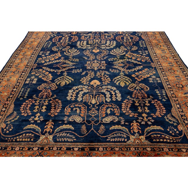 Persian Antique Persian Sarouk Farahan Handmade Allover Designed Navy Blue Wool Rug For Sale - Image 3 of 11