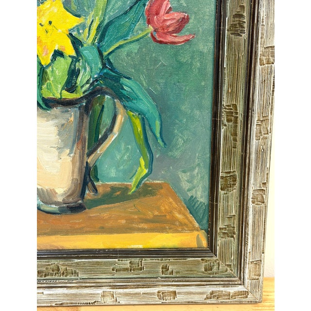 European Modernist Spring Still Life with Daffodils and Tulips, Signed "PS '41" For Sale - Image 14 of 15