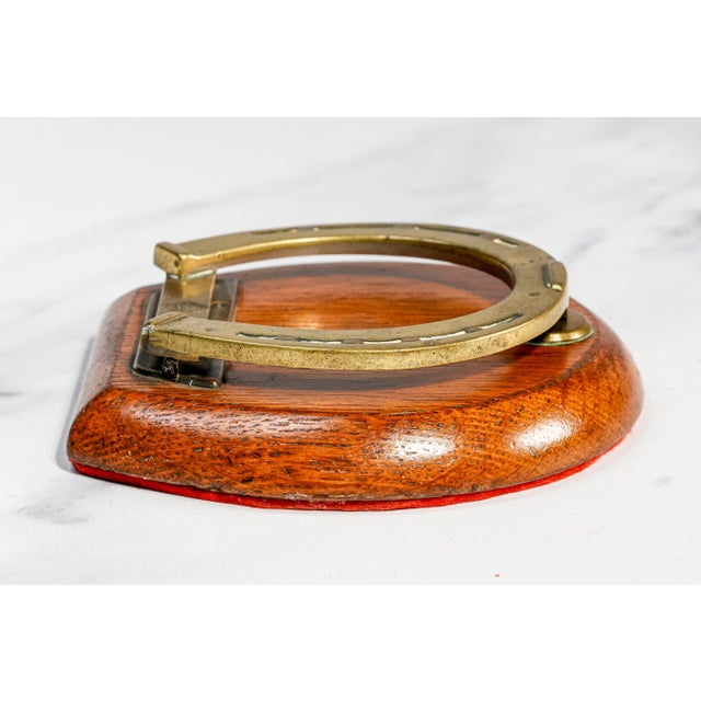 Lovely English Victorian Antique Brass Desk Clip Equestrian Horseshoe Wood Shield For Sale - Image 9 of 10