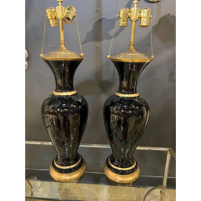 French 1940 Black Opaline Glass Table Lamps - Pair For Sale - Image 3 of 3