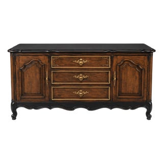 Vintage French Provincial Sideboard Buffet – Black Satin Top & Skirt, Tobacco Wood Finish, Gilt Hardware – 60” For Sale