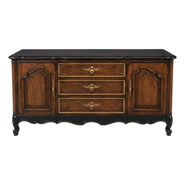 Vintage French Provincial Sideboard Buffet – Black Satin Top & Skirt, Tobacco Wood Finish, Gilt Hardware – 60” For Sale