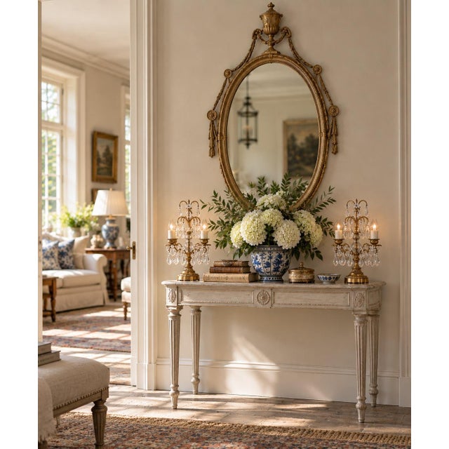 A beautiful pair of antique French girandole lamps, crafted in dore bronze and adorned with cascading crystal prisms,...