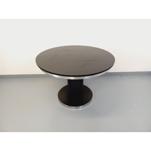 Vintage Round Dining Table in Black Wood-Effect Melamine and Chrome Metal, Space Age/1970s Style, with Integrated Extension For Sale - Image 14 of 18
