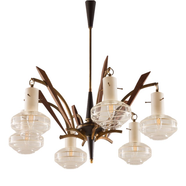 Mid-Century Modern Itailan Murano Glass and Teak Chandelier from Stilnovo, 1960s For Sale
