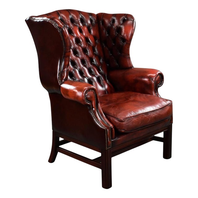 Ox Blood Red Leather Wing Back Armchair, 1980s For Sale