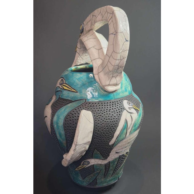 Vintage Designer Raku Pottery Vase With Birds For Sale - Image 9 of 11