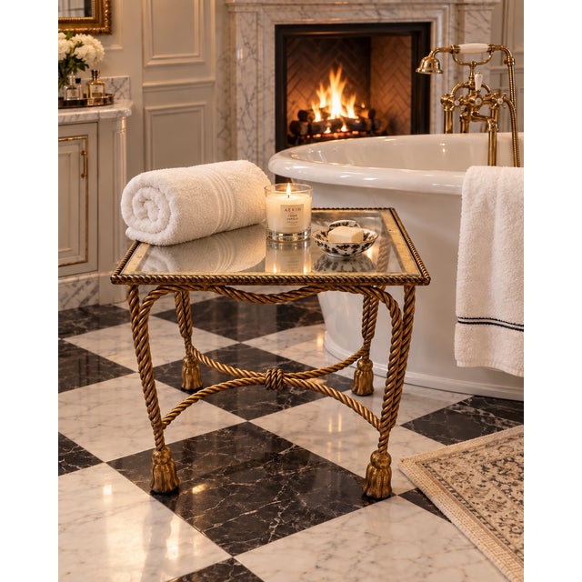 Charming vintage Hollywood Regency accent table featuring a sculptural gilt metal rope-form base with tassel feet and a...