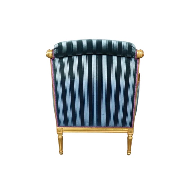 1990s Dennis & Leen Louis XVI Style French Giltwood & Blue Velvet Bergere Arm Chair For Sale - Image 5 of 5