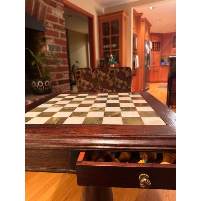 Burnt Umber Vintage Argentine Marble & Wood Chess Game Table With Storage Drawers and Original Marble Pieces For Sale - Image 8 of 12