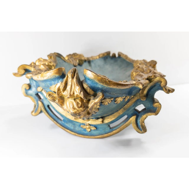 Wood 19th Century or Earlier Italian Venetian Painted Blue and Gold Cradle or Centerpiece For Sale - Image 7 of 12