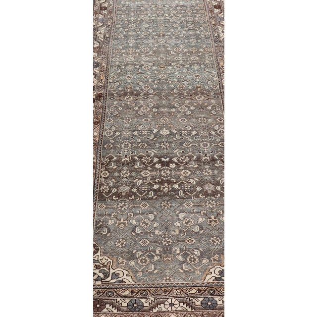 Tribal Antique Persian Malayer Runner With All Over Herati Design in Blue and Brown For Sale - Image 3 of 12