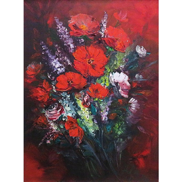 FREE SHIPPING ANYWHERE IN THE CONTINENTAL US! This is a colorful vintage still life oil painting featuring deep red...