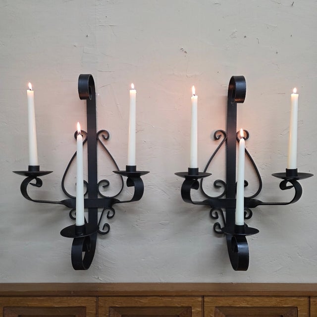 1960 Spanish Revival Three-Arm Wrought Iron Candle Sconces, Pair For Sale - Image 6 of 14