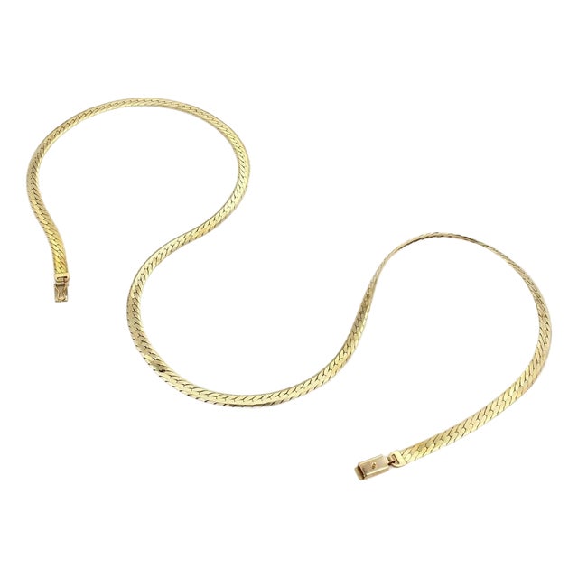 Mid 20th Century Herringbone 14k Yellow Gold Wide Necklace 30" Long For Sale