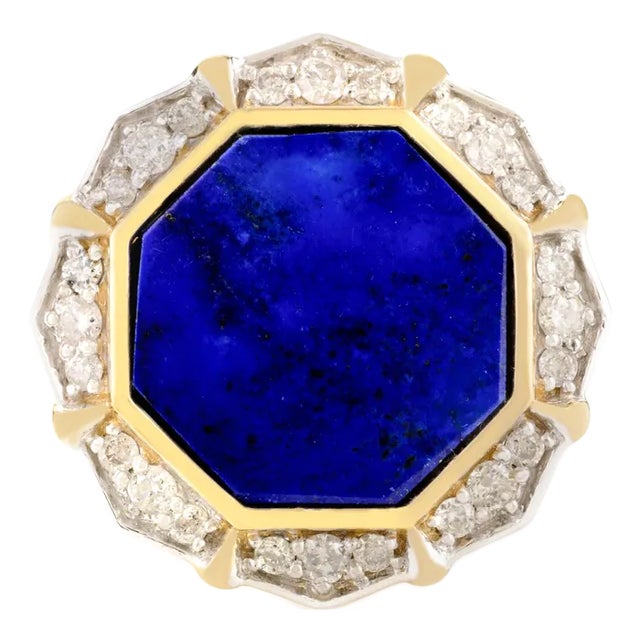 Lapis Lazuli Cocktail Ring With Diamonds Size 6 in 14k Yellow Gold For Sale