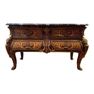 19th Century Antique Louis XV Style Tortoiseshell Boulle Marquetry Commode Console With Marble Top For Sale