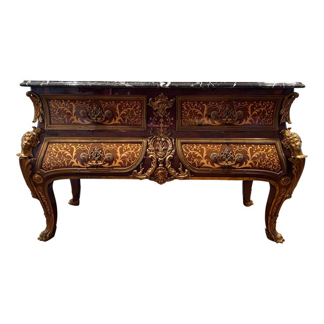 19th Century Antique Louis XV Style Tortoiseshell Boulle Marquetry Commode Console With Marble Top For Sale