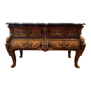 19th Century Antique Louis XV Style Tortoiseshell Boulle Marquetry Commode Console With Marble Top