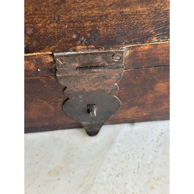 Indian Antique Indian Dowry Chest With Slanted Lid – Hand-Carved Wood Storage Box With Iron Hardware For Sale - Image 3 of 9
