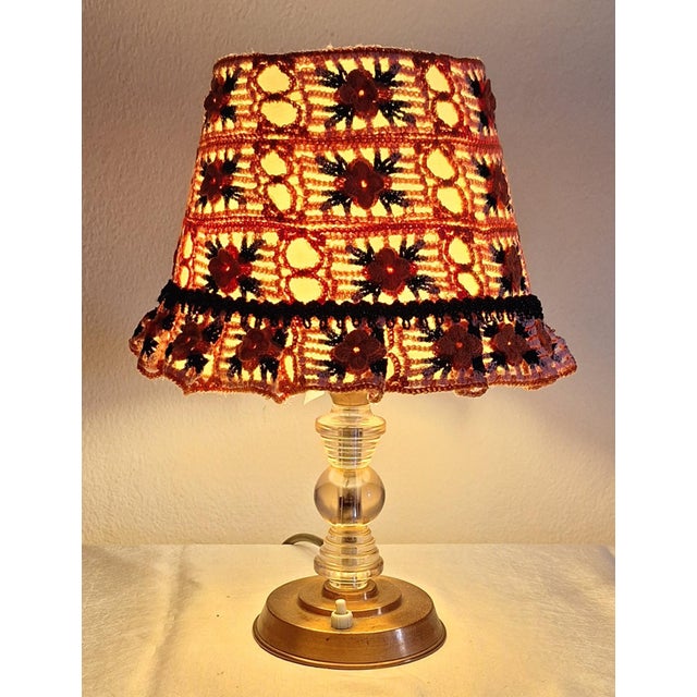 French Art Deco Copper Table Lamp with Pink-Tinted Glass Base and Handmade Fabric Shade, 1930s For Sale - Image 10 of 10