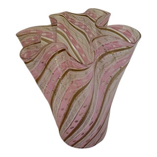 Vintage Venini 10” Murano Fazzoletto Art Glass Vase Pink White Gold Aventurine Latticino Zanfirico Handkerchief Italy 1950s For Sale