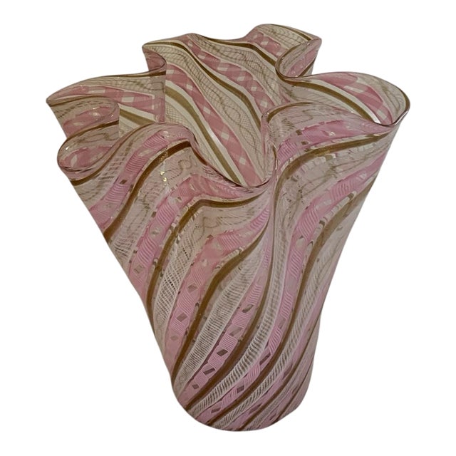 Vintage Venini 10” Murano Fazzoletto Art Glass Vase Pink White Gold Aventurine Latticino Zanfirico Handkerchief Italy 1950s For Sale