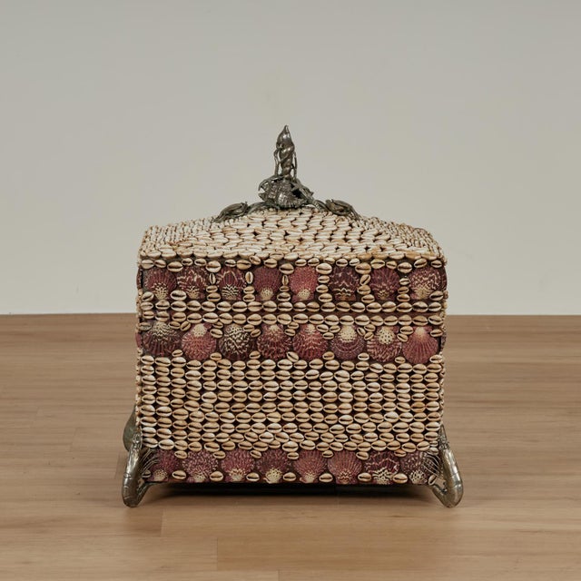 Impressive large cedar lined lidded box entirely decorated with seashells featuring silver plate on brass shells,star fish...