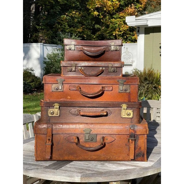 Stacked Set of Five Antique Leather Suitcases or Trunks For Sale - Image 4 of 18