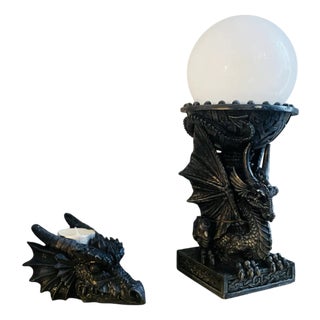 Black Resin Dragon Table Lamps with Candleholder, 1980s, Set of 2 For Sale
