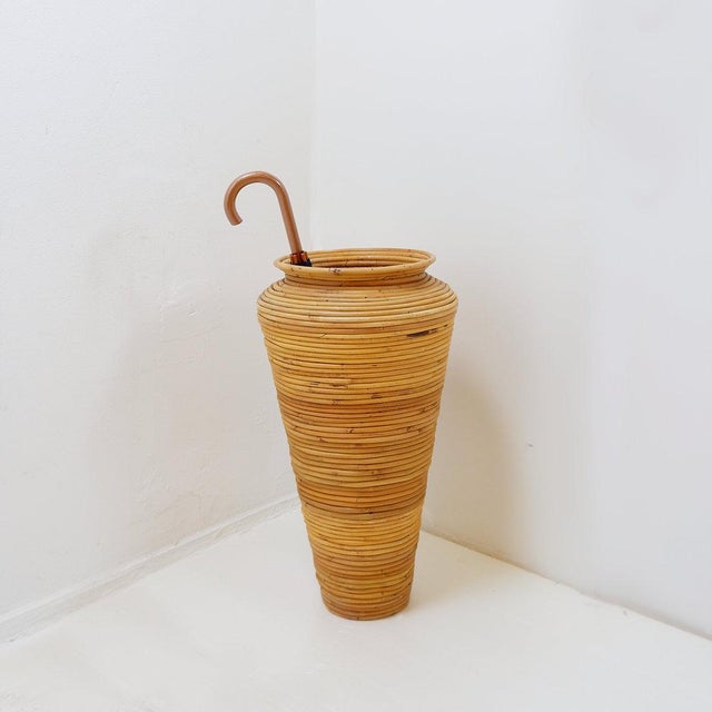 Boho Chic Vintage Rattan Floor Vase or Umbrella Stand For Sale - Image 3 of 14