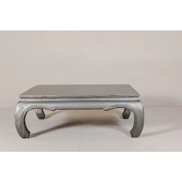Teak Coffee Table with Custom Silver Patina, Chow Legs and Carved Apron For Sale - Image 12 of 12