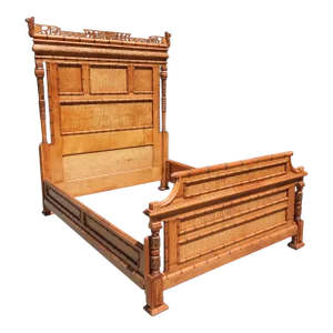 19th Century Aesthetic Movement Birds Eye Maple Faux Bamboo Full Bedframe