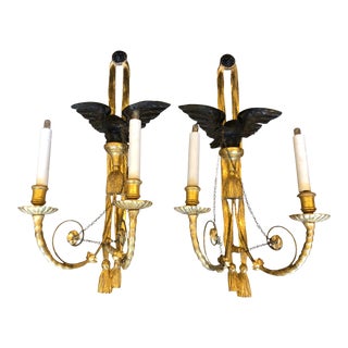 Antique Louis XVI Style Gilt-Wood Wall Sconces W Eagles - a Pair For Sale