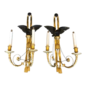 Antique Louis XVI Style Gilt-Wood Wall Sconces W Eagles - a Pair