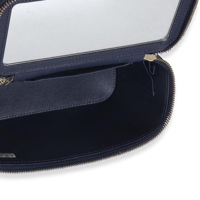 Navy Quilted Lambskin Top Handle Vanity Case With Chain For Sale - Image 9 of 9