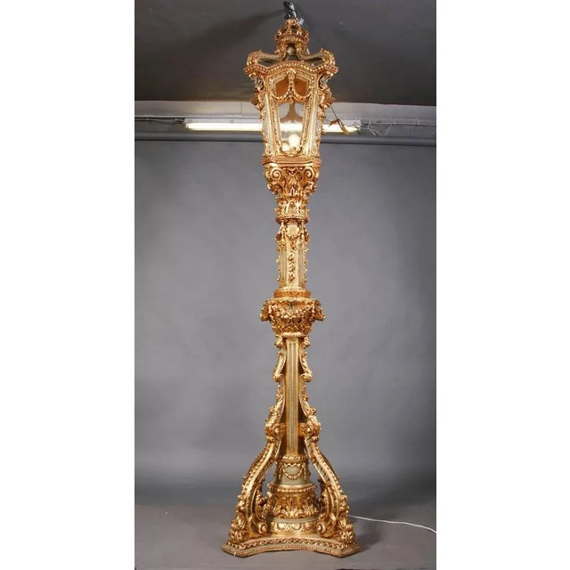 Castle-Worthy monumental candelabra. Highly valuable, carved beechwood, inlaid and gilded. Multi structured in detail,...